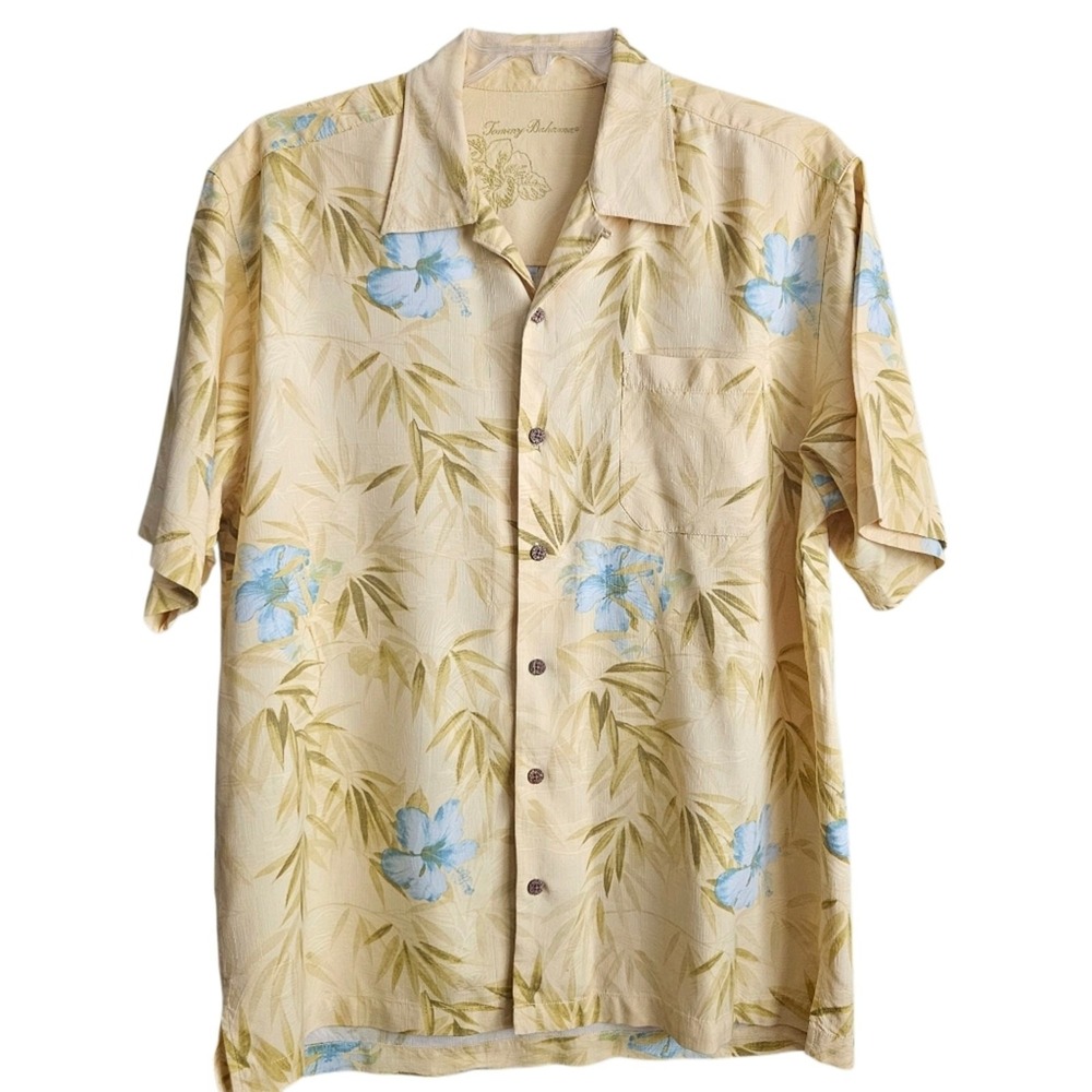 Vintage Tommy Bahama Silk Shirt Mens Large Yellow Bamboo Cove Camp Dadcore Palm
